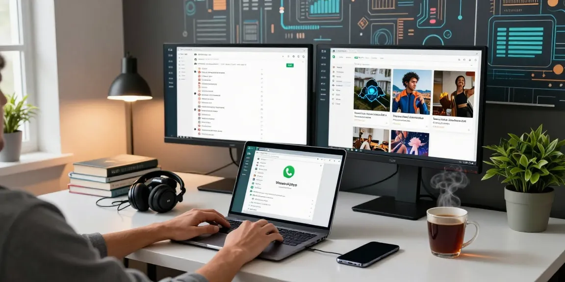 Using WhatsApp電腦版 in a modern workspace with dual monitors and a laptop.