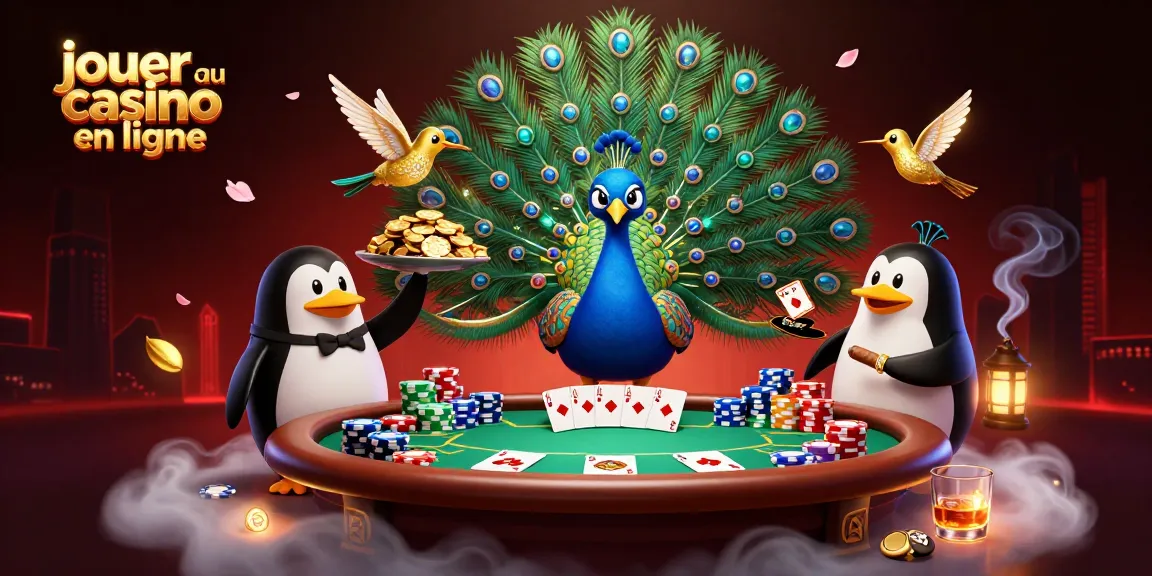 Jouer au casino en ligne avec élégance, l'illustration montre un paon aristocratique entouré de jetons dorés.