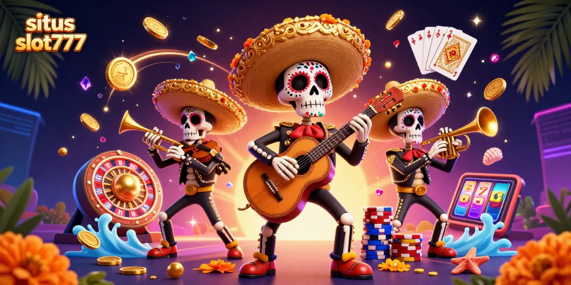 Sparkling gaming scene with the situs slot777 mariachi band celebrating jackpot excitement, showcasing vibrant slot games.