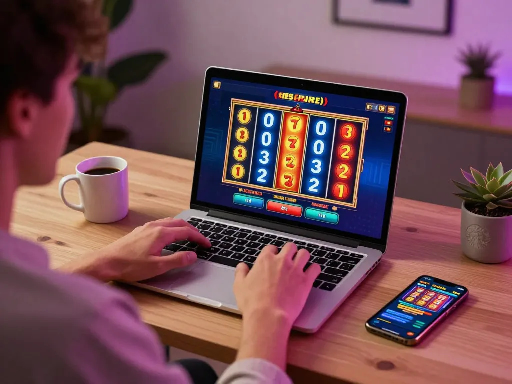 Player celebrating a big win while spinning the slot machine reels on a laptop in a cozy office.