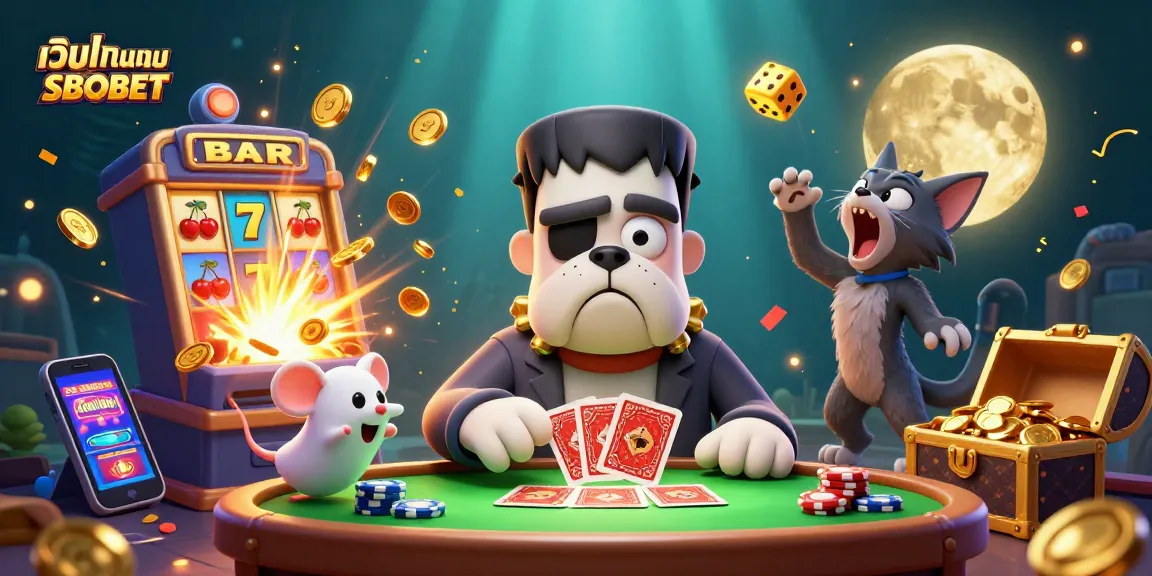 Experience เว็บแทงบอล SBOBET action with a lively 3D casino scene featuring a bulldog dealer and vibrant game elements.