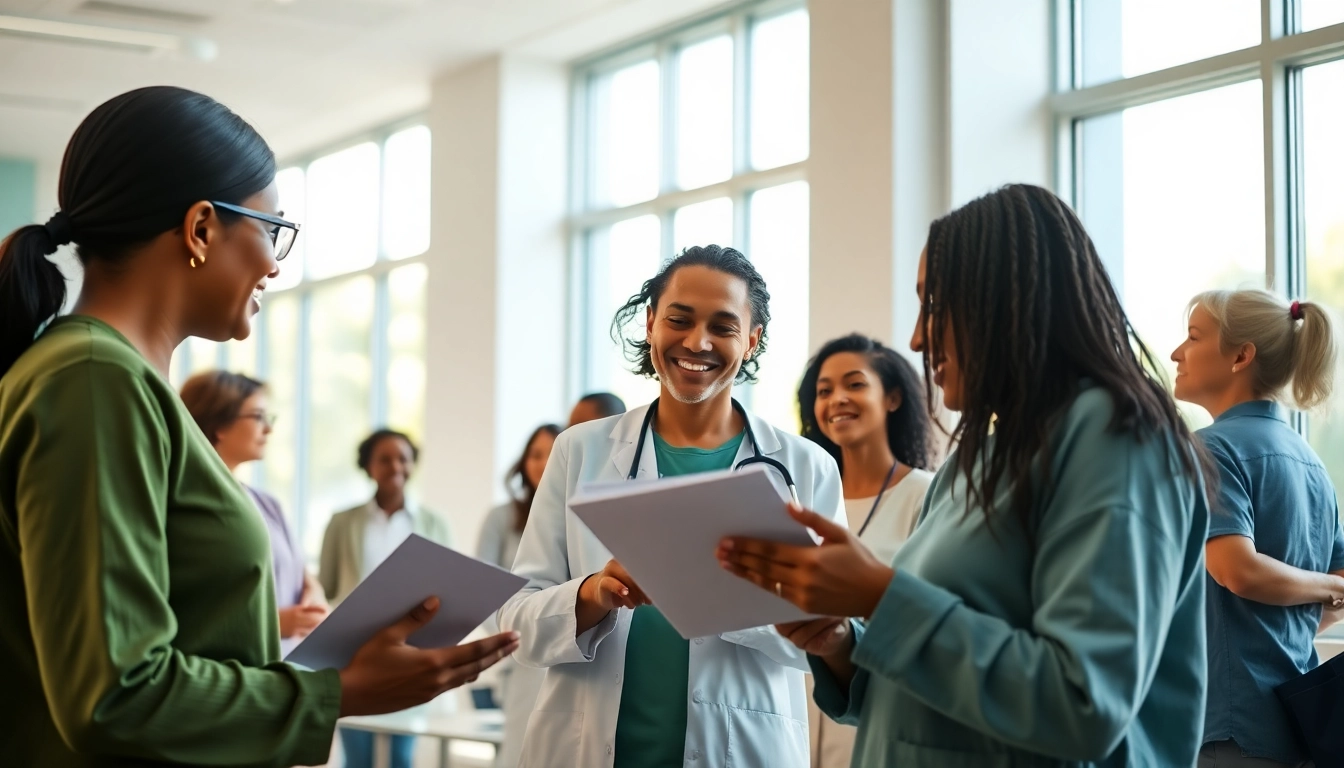 Healthcare interactions fostering community wellness and health awareness in a modern clinic.