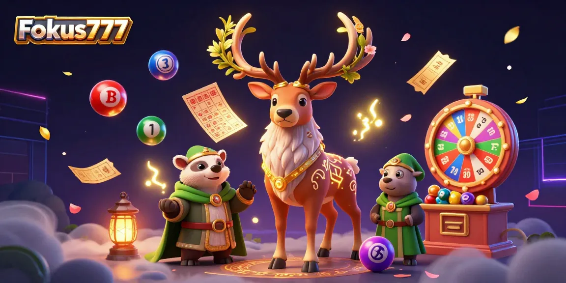 Experience the thrill of Fokus777 with colorful lottery elements and enchanting characters in a magical casino scene.