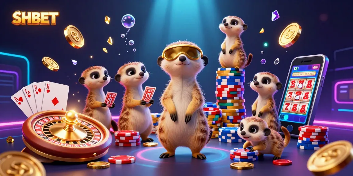 Experience thrilling gaming at SHBET with meerkats managing a lively casino operation surrounded by vibrant game elements.