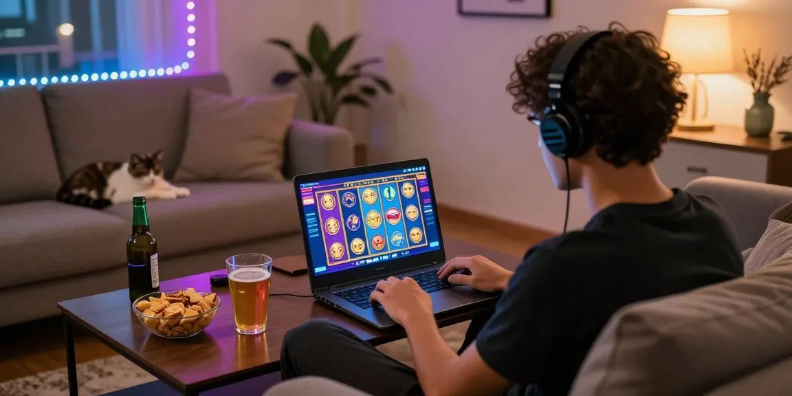 Person enjoying situs gacor games on a laptop in a cozy living room environment, with vibrant lighting and snacks.