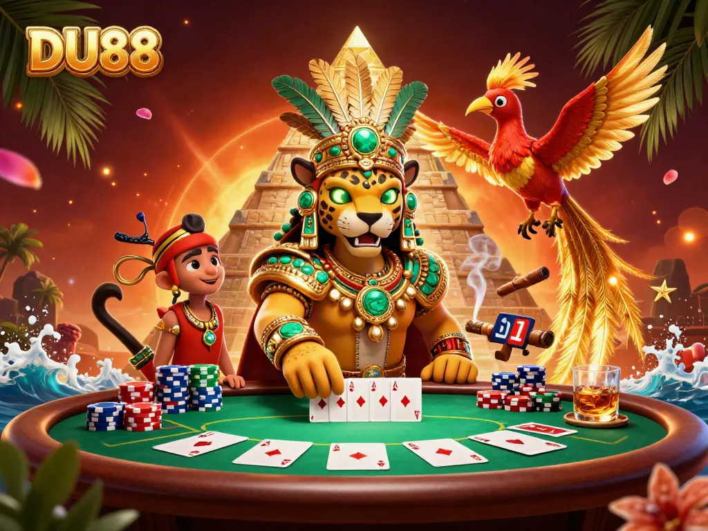 Experience the excitement of DU88 with a 3D scene showcasing vibrant poker elements and dynamic characters.