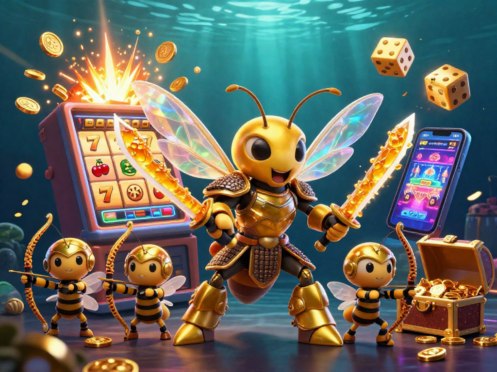 Win big at usa online casinos with a 3D cartoon scene featuring a golden hornet and dynamic slot machine.