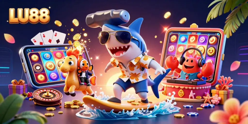 LU88 engages players with an energetic 3D casino scene featuring a shark, clownfish, and crab, celebrating the thrill of gambling.