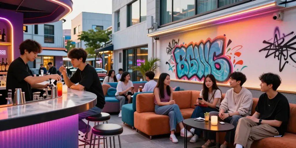 홍대오피에서 젊은 고객들이 스타일리시한 라운지에서 즐거운 시간을 보내는 모습, https://www.danbamop.com/hongdae-op의 역동적인 문화가 드러납니다.
