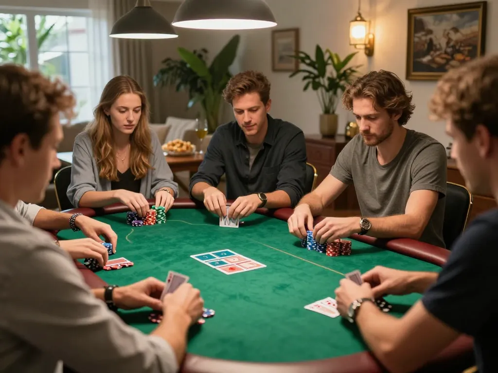 Engaged players at a private poker game, showcasing strategic gameplay with 388bet atmosphere.