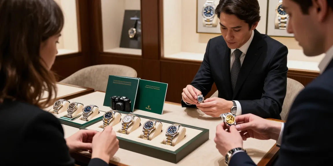 Detailed view of luxury Rolex replica watches in a stylish boutique, showcasing intricate designs and premium craftsmanship.