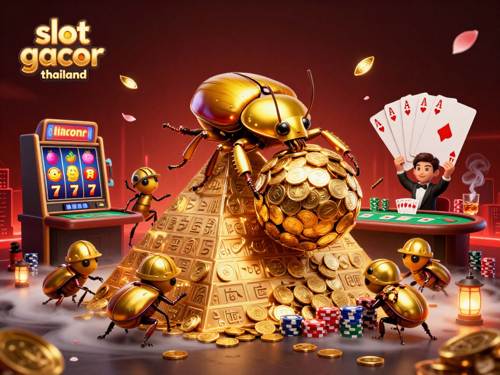 Spin for wins with slot gacor thailand in this vibrant 3D casino scene of beetles and gambling.
