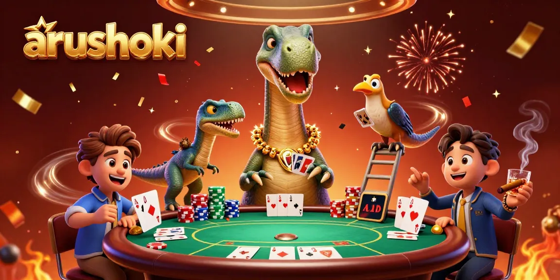 arushoki mempersembahkan suasana kasino yang meriah dengan dinosaurus dan raptor dalam aksi kartu