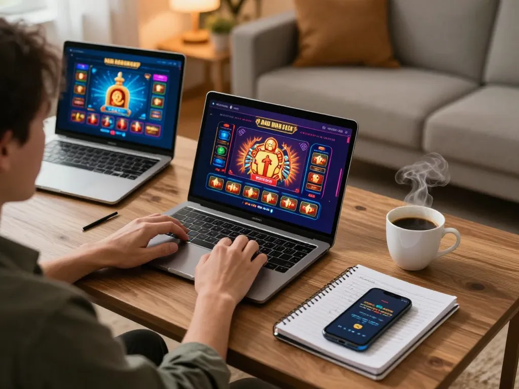Engaged player exploring migliori casino europei online strategies from home, showcasing a comfortable gaming setup.