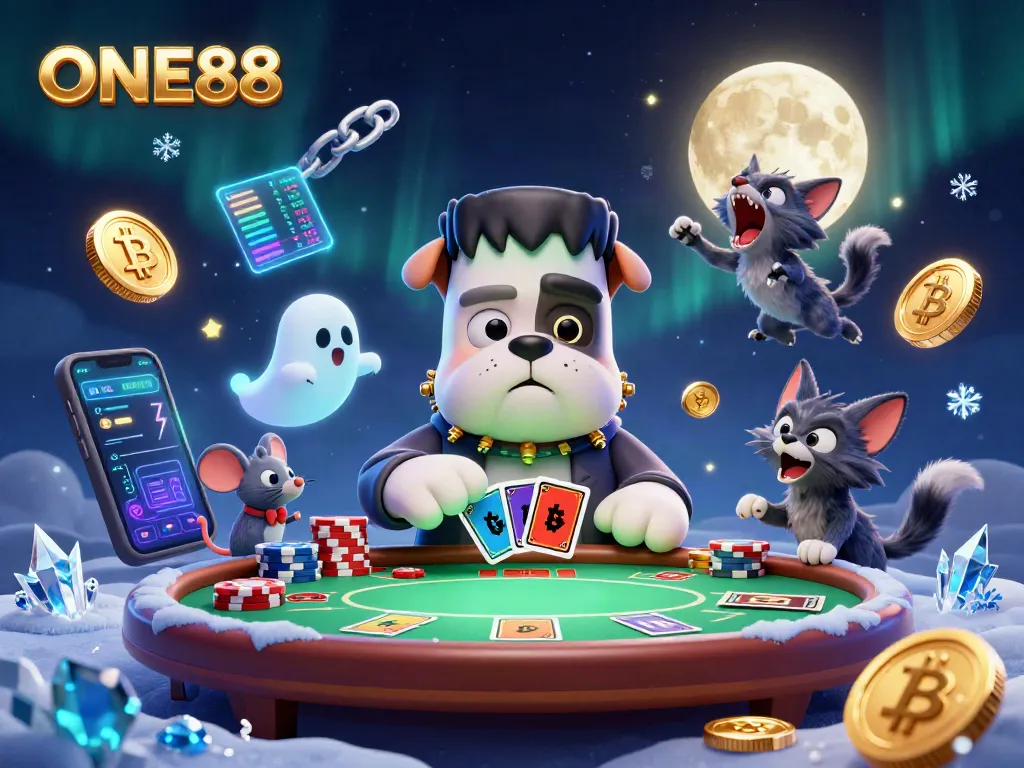 Experience the thrilling gaming action at ONE88 with vibrant card-playing characters and crypto elements.
