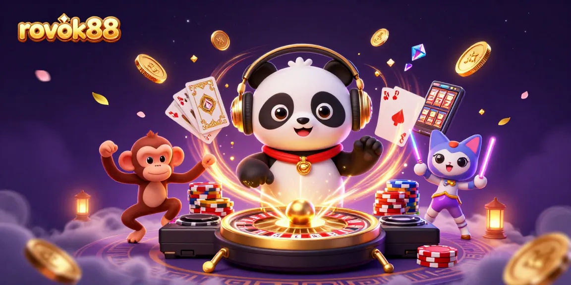 Engage with rokok88 as a DJ panda spins roulette while coins and gems burst around in excitement.