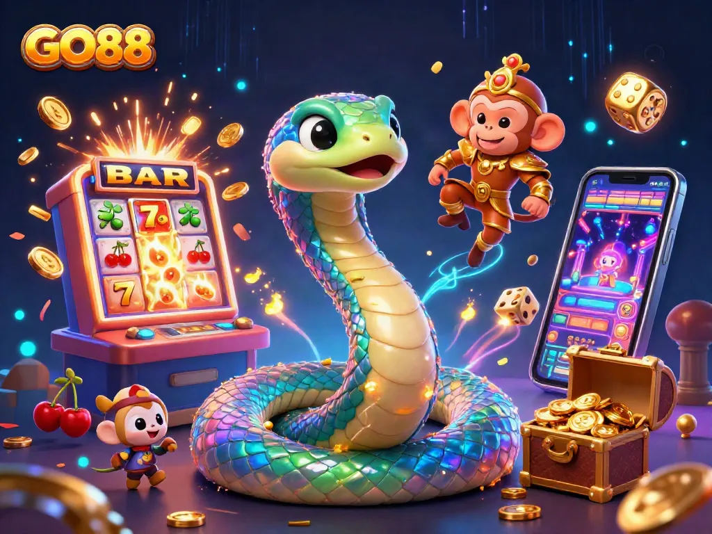 Spin and win at GO88 with vibrant 3D scenes of jackpot machines bursting with coins and colorful casino elements.