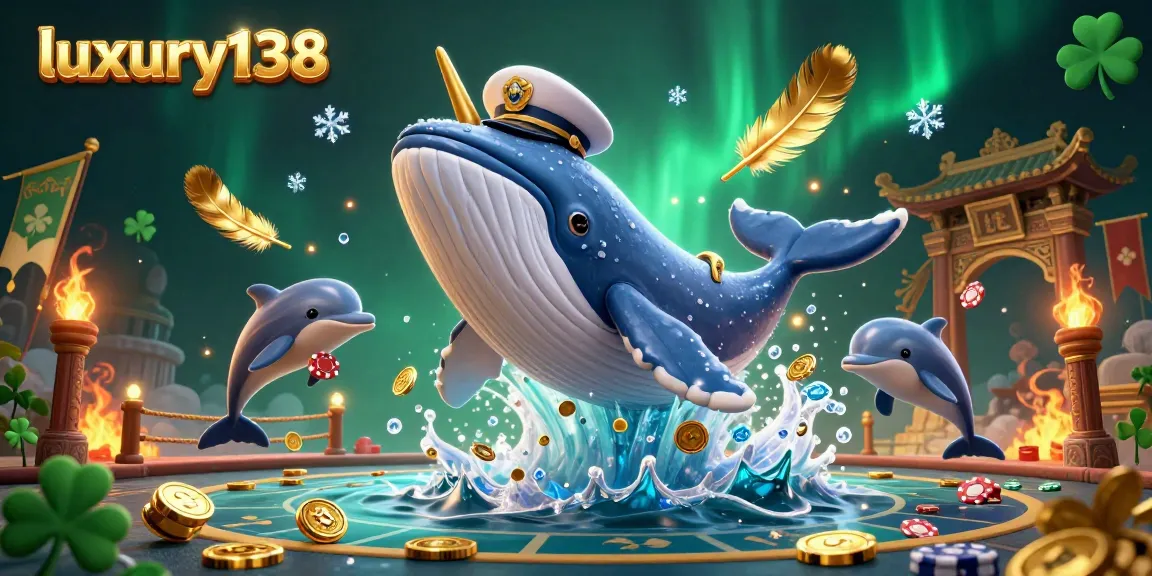 Experience thrilling wins with luxury138 as a cartoon whale celebrates amidst golden coins and poker chips.