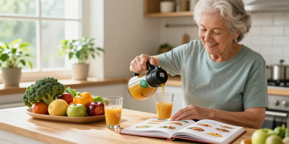 Healthy elderly person enjoying 健源素營養飲品 in a bright kitchen with fresh ingredients.