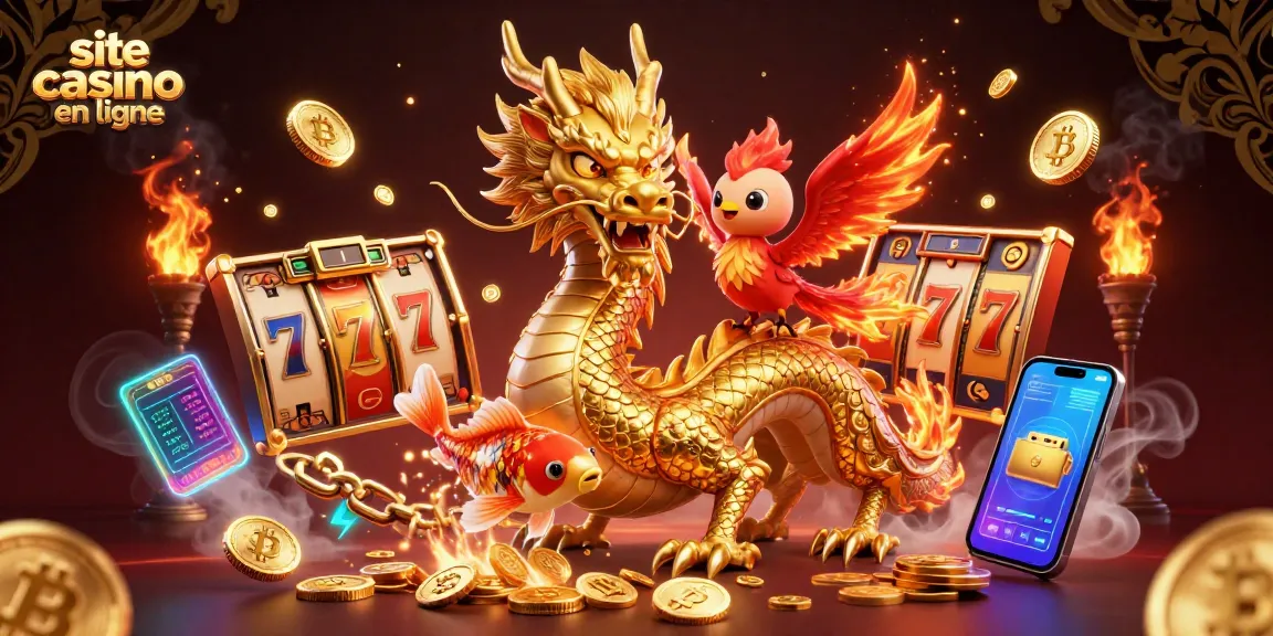 Jouez sur un site casino en ligne avec un dragon doré, un phoenix et de l'argent qui pleut.