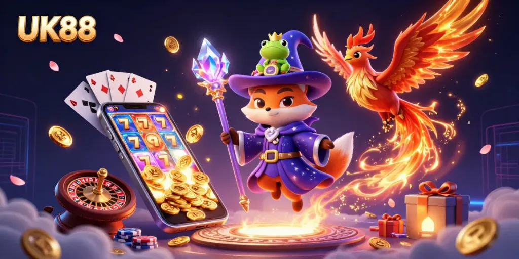 Engage with UK88's vibrant gaming scene featuring a mystical wizard and phoenix in a casino world.