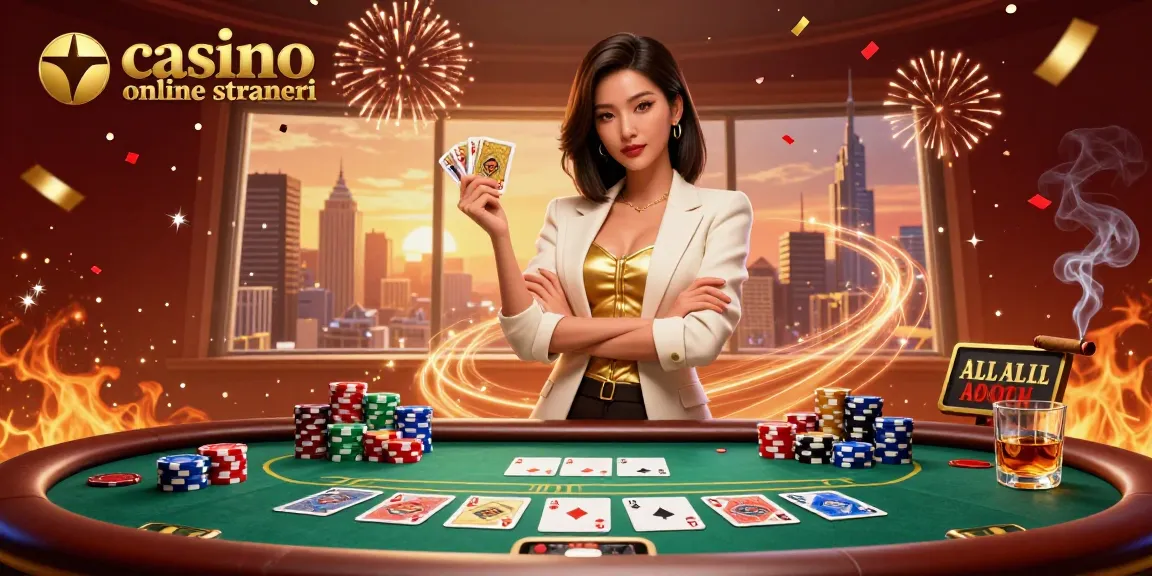 Scopri il brivido dei casino online stranieri con una donna asiatica elegante che distribuisce carte tra vivaci elementi di gioco.
