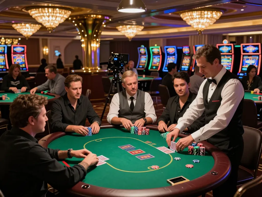 Pemain poker terlibat dalam permainan yang meriah di kasino dengan dealer yang mengelola kartu dan chip.
