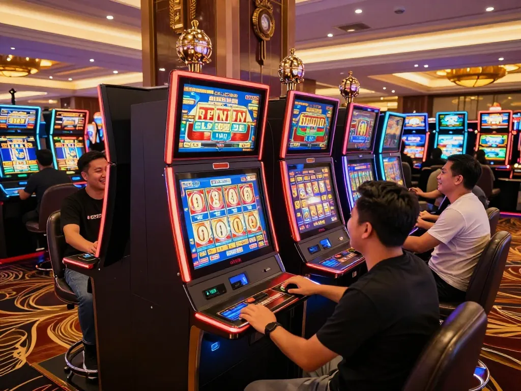 Engaged players enjoying vibrant slot machines at link slot gacor area, showcasing colorful displays.