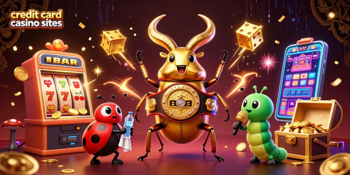 Engaging scene showcasing credit card casino sites with a dynamic 3D illustration of a golden stag beetle and slot machines.