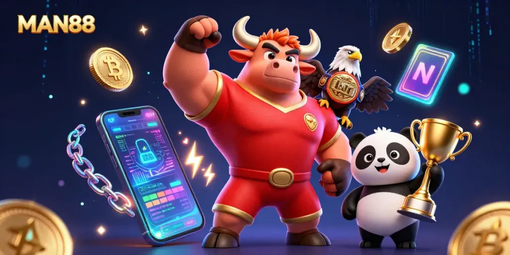 Experience the excitement of MAN88 with a vibrant 3D casino scene featuring winning characters.
