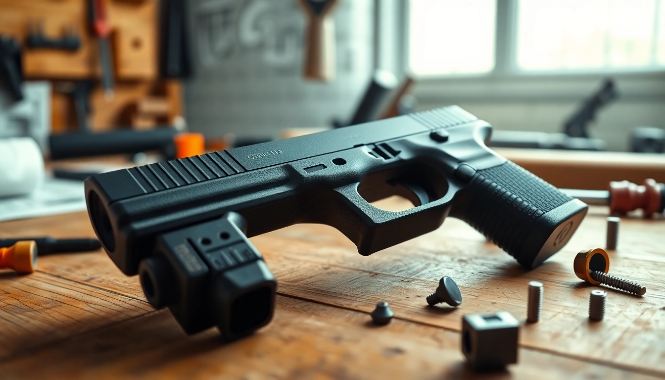 Visual of glock 19 pf940c frame on a workbench, highlighting ergonomic design and assembly tools.