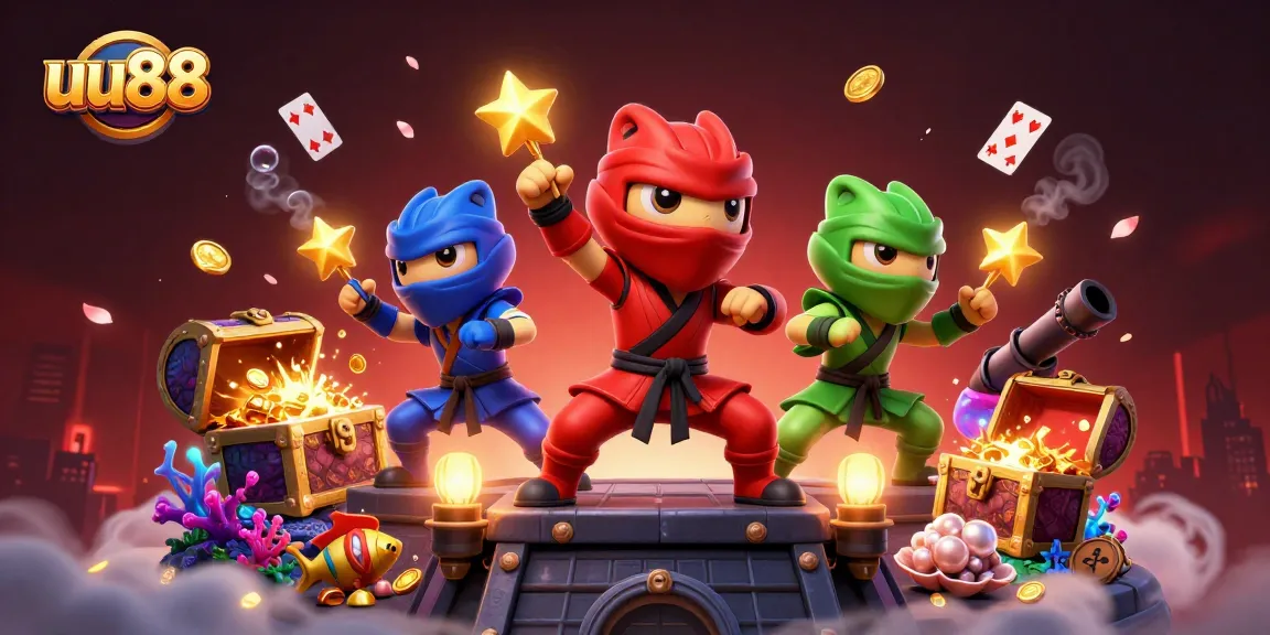 uu88 ninja chameleons perform martial arts amidst casino-themed elements in a vibrant setting