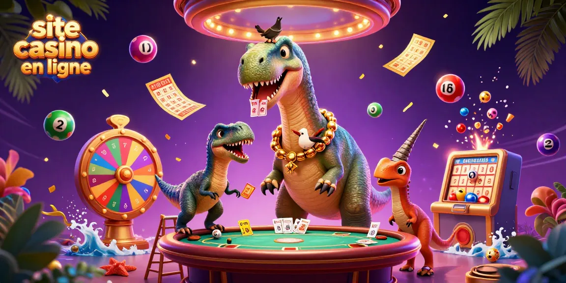 Le site casino en ligne animé par un dinosaure et un rapace jouant aux cartes avec des éléments de jeu colorés.