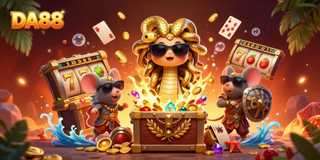 Experience the excitement of DA88 with a vibrant casino illustration featuring Medusa, treasure, and slot reels.