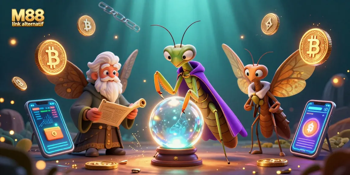 Engage with M88 link alternatif using vibrant 3D illustration highlighting gambling elements and mystical characters.