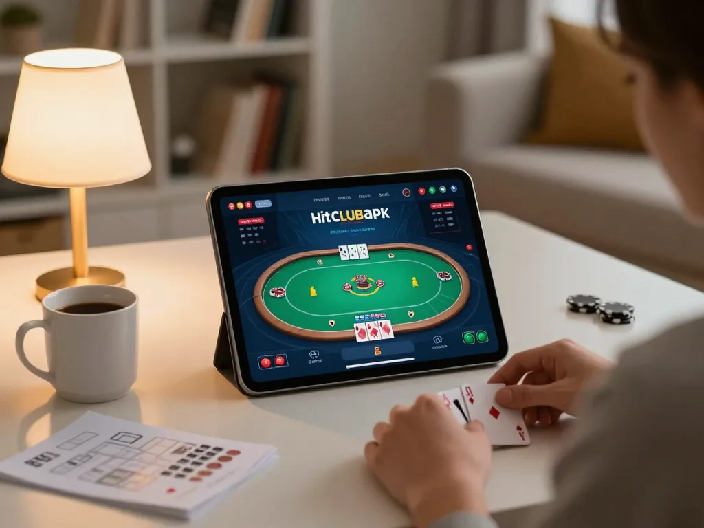 Engaging in online gameplay with hitclubapk on tablet, showcasing a strategic poker setup