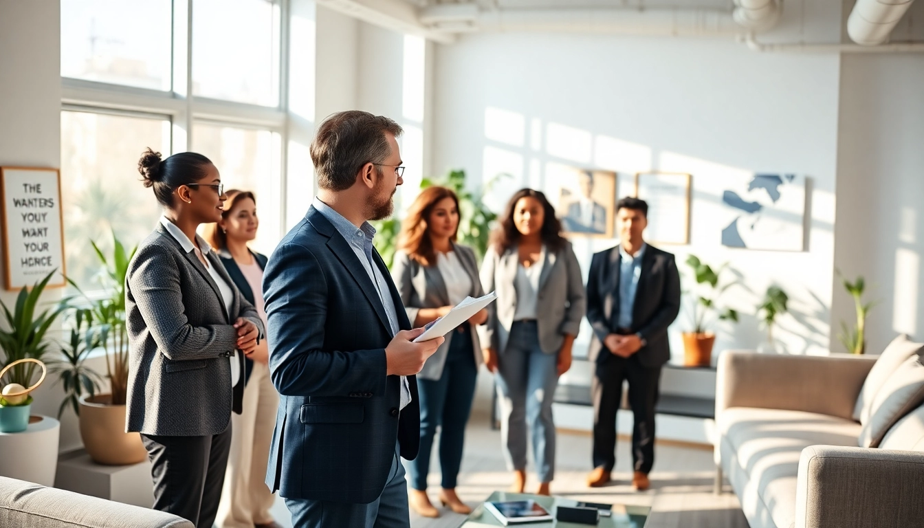 Engaging coaching session with a business coach near me guiding clients in a professional office.