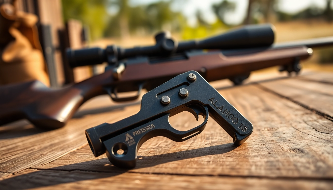 Showcase Alamo 15 trigger for sale on a rustic table, highlighting its precision engineering.