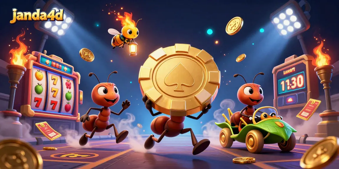 JANDA4D: Tim semut menggenggam chip poker emas besar sambil berlari dalam permainan kasino online.