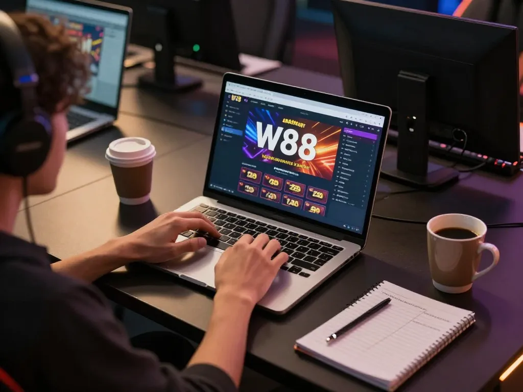 Player strategizing winning odds on W88 casino platform while enjoying a relaxed home gaming setup.
