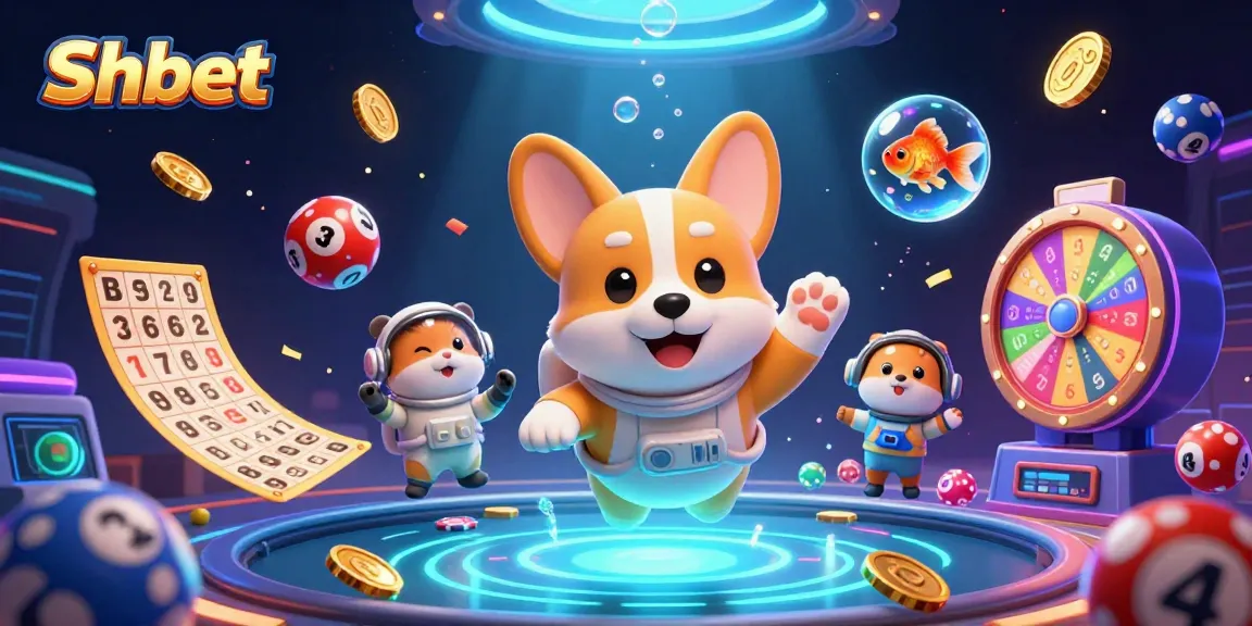 Engage in thrilling Shbet games as a 3D cartoon astronaut corgi floats in a vibrant casino atmosphere.