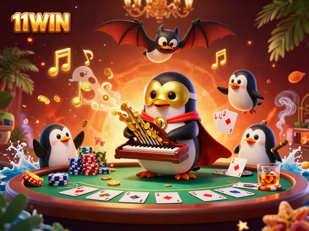 Win big with 11WIN at a vibrant casino featuring a penguin playing an organ that shoots coins.