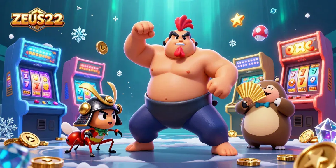 Engage with ZEUS222 for vibrant slot excitement, featuring slot reels, a rooster, and a tanuki announcer.