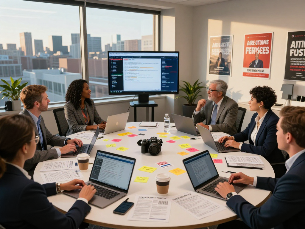 Collaborative meeting on political direct mail services strategies with diverse team brainstorming in an office setting.