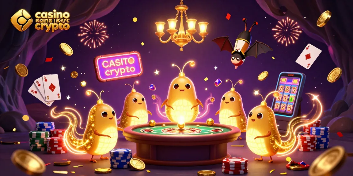 Animation de casino sans KYC crypto avec des vers luisants et des éléments de jeux scintillants.