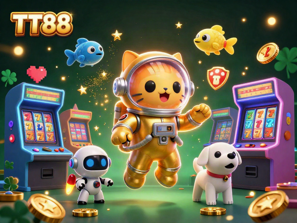 Experience TT88's vibrant casino scene with a floating astronaut cat and golden slot symbols.
