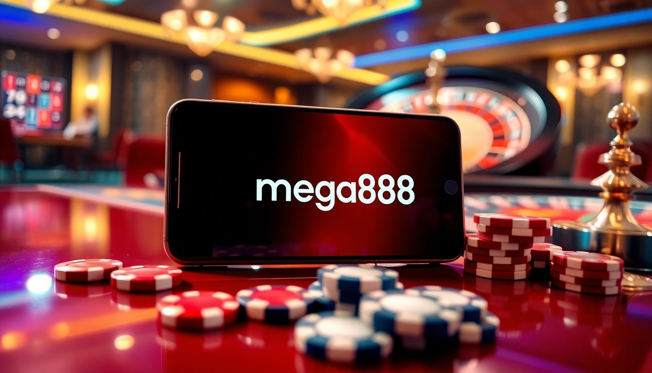 Mega888 apk gaming excitement on a mobile phone in a vibrant casino setting.
