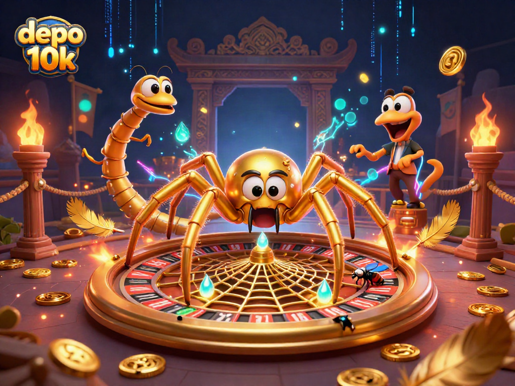 Engage with the thrilling world of depo 10k as a fly places bets with a roulette wheel backdrop.