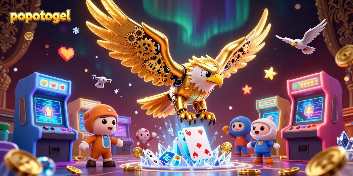 Engage with popotogel's exciting slot demo featuring a cybernetic golden eagle amidst colorful casino elements.