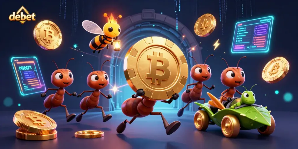 Engaging scene with debet-themed characters stealing a giant poker chip in an online casino adventure